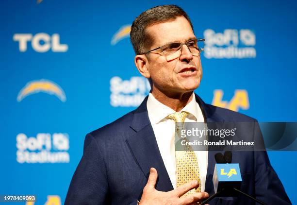 Newly appointed head coach Jim Harbaugh of the Los Angeles Chargers speaks to the media during a press conference at YouTube Theater on February 01,...