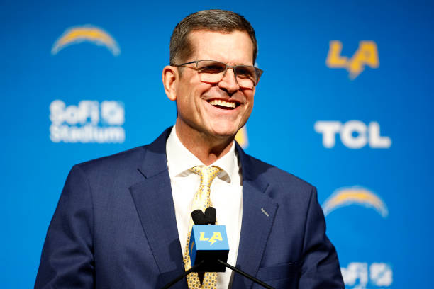 Newly appointed head coach Jim Harbaugh of the Los Angeles Chargers speaks to the media during a press conference at YouTube Theater on February 01,...