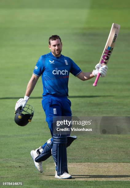 Dawid Malan of England celebrates reaching his century during the 4th Metro Bank One Day International between England and New Zealand at Lord's...