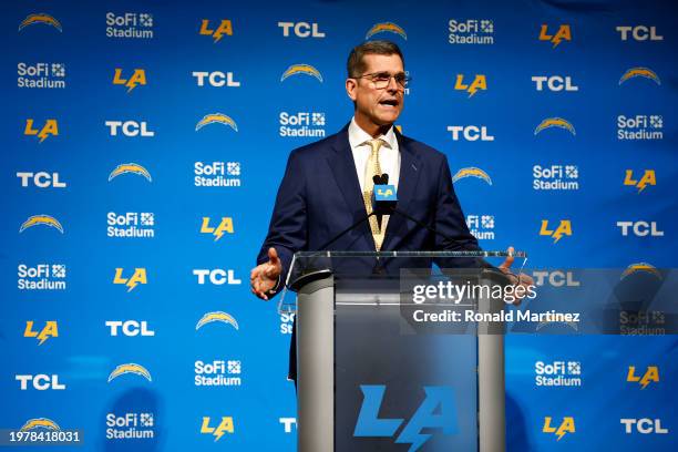 Newly appointed head coach Jim Harbaugh of the Los Angeles Chargers speaks to the media during a press conference at YouTube Theater on February 01,...