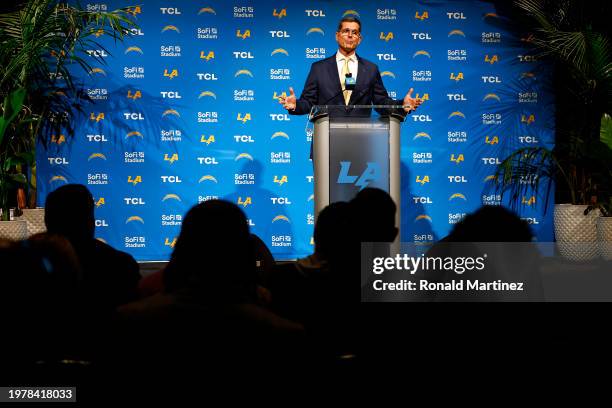 Newly appointed head coach Jim Harbaugh of the Los Angeles Chargers speaks to the media during a press conference at YouTube Theater on February 01,...