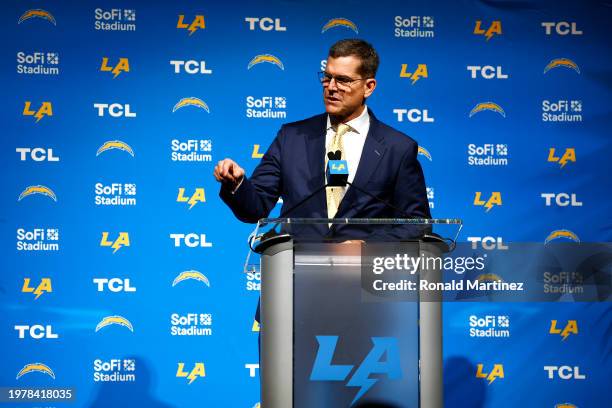 Newly appointed head coach Jim Harbaugh of the Los Angeles Chargers speaks to the media during a press conference at YouTube Theater on February 01,...