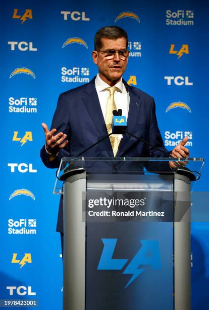 Newly appointed head coach Jim Harbaugh of the Los Angeles Chargers speaks to the media during a press conference at YouTube Theater on February 01,...