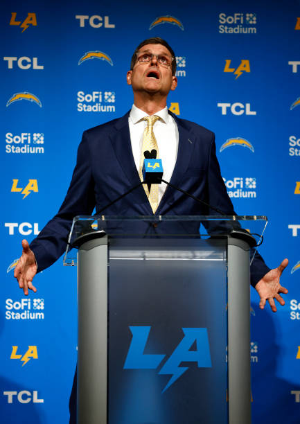 Newly appointed head coach Jim Harbaugh of the Los Angeles Chargers speaks to the media during a press conference at YouTube Theater on February 01,...