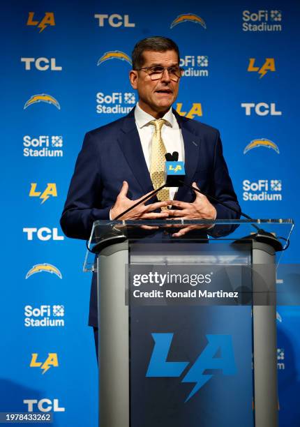 Newly appointed head coach Jim Harbaugh of the Los Angeles Chargers speaks to the media during a press conference at YouTube Theater on February 01,...