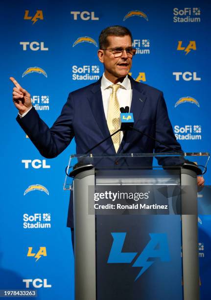 Newly appointed head coach Jim Harbaugh of the Los Angeles Chargers speaks to the media during a press conference at YouTube Theater on February 01,...