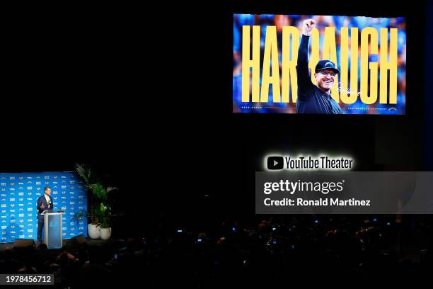 Newly appointed head coach Jim Harbaugh of the Los Angeles Chargers speaks to the media during a press conference at YouTube Theater on February 01,...