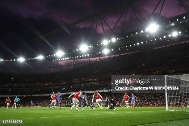 General view of The Emirates during a goalmouth scramble that leads to the first Liverpool goal during the Premier League match between Arsenal FC...