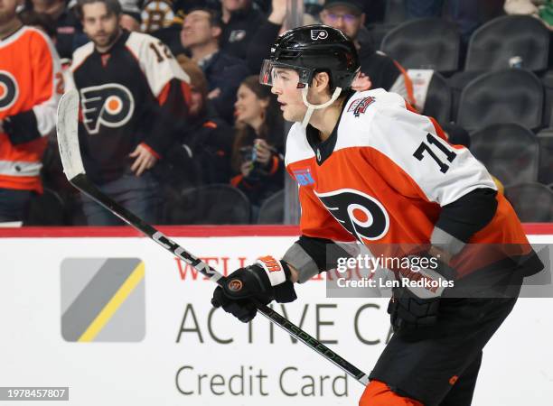 Tyson Forester of the Philadelphia Flyers skates toward the bench following his third period goal against the Boston Bruins at the Wells Fargo Center...