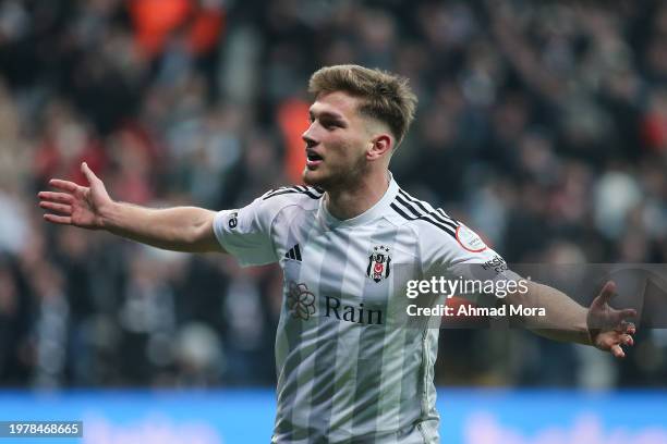 Semih Kilicsoy of Besiktas celebrates after scoring his team's second goal during the Turkish Super League match between Besiktas and Trabzonspor at...