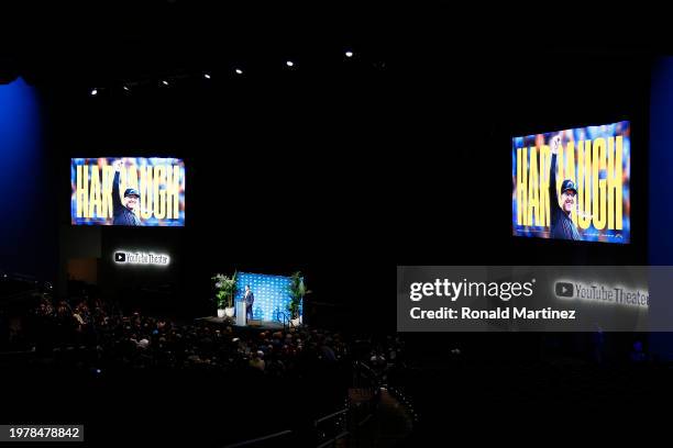 Newly appointed head coach Jim Harbaugh of the Los Angeles Chargers speaks to the media during a press conference at YouTube Theater on February 01,...