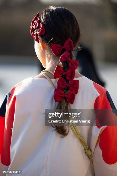 Vicky Montanari wears bowknot hair band outside Marimekko during the Copenhagen Fashion Week AW24 on February 01, 2024 in Copenhagen, Denmark.