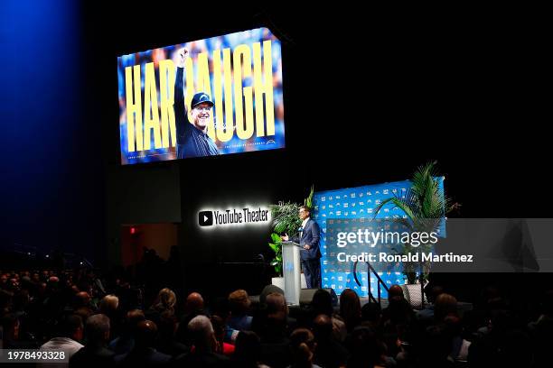 Newly appointed head coach Jim Harbaugh of the Los Angeles Chargers speaks to the media during a press conference at YouTube Theater on February 01,...