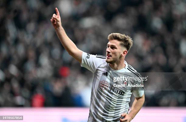 Semih Kilicsoy of Besiktas celebrates after scoring a goal during the Turkish Super Lig 24th week match between Besiktas and Trabzonspor at Tupras...