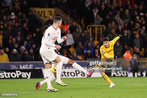 Pedro Neto of Wolverhampton Wanderers scores his team's third goal to equalise during the Premier League match between Wolverhampton Wanderers and...