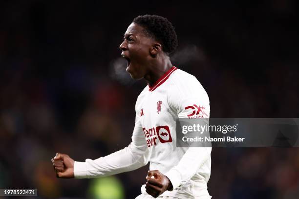 Kobbie Mainoo of Manchester United celebrates scoring his team's fourth goal during the Premier League match between Wolverhampton Wanderers and...