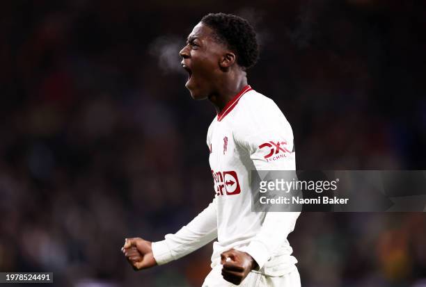 Kobbie Mainoo of Manchester United celebrates scoring his team's fourth goal during the Premier League match between Wolverhampton Wanderers and...