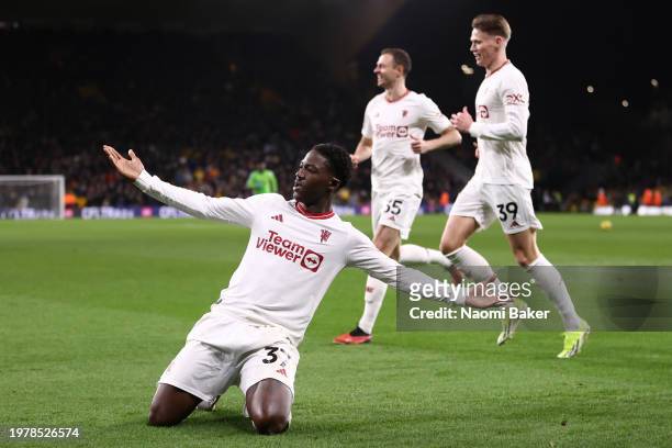 Kobbie Mainoo of Manchester United celebrates scoring his team's fourth goal during the Premier League match between Wolverhampton Wanderers and...