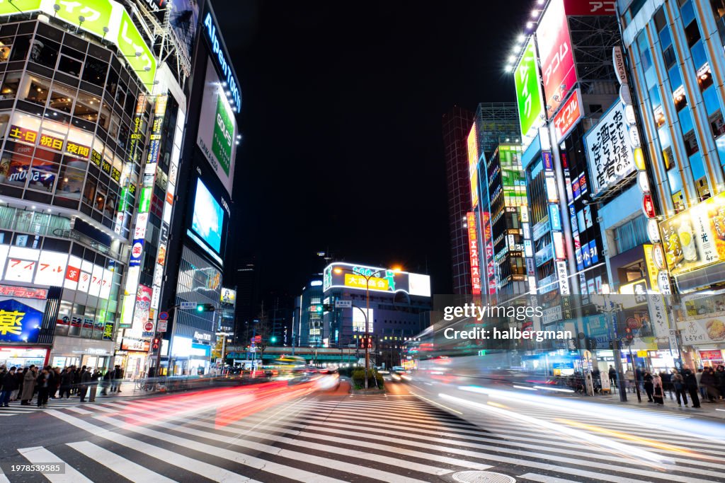 Blurred Motion Shot of Kabukichō Ichiban-gai Street in Shinjuku City at Night