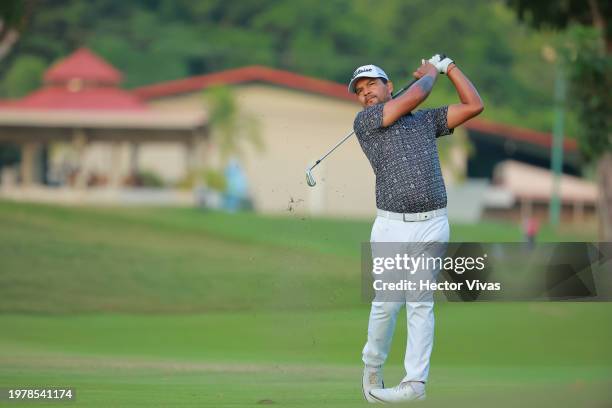 Fabian Gomez of Argentina plays his second shot on the first hole during the first round of The Panama Championship at Club de Golf de Panama on...