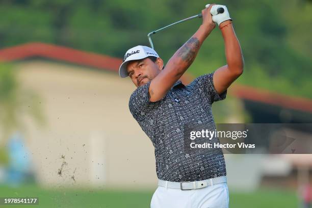 Fabian Gomez of Argentina plays his second shot on the first hole during the first round of The Panama Championship at Club de Golf de Panama on...