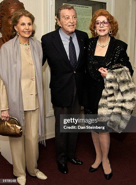 Actresses Cyd Charisse and Kathryn Grayson and actor Tony Martin arrive at the opening night of the play "An Evening With Golda Meir" at The Canon...