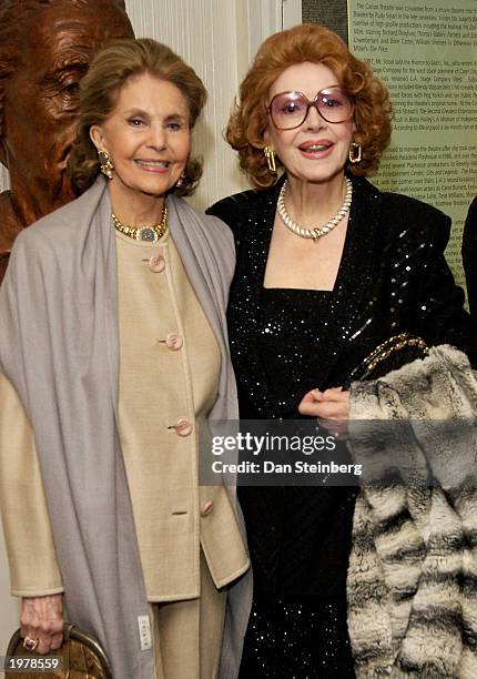 Actresses Cyd Charisse and Kathryn Grayson arrive at the opening night of the play "An Evening With Golda Meir" at The Canon Theatre on May 6, 2003...