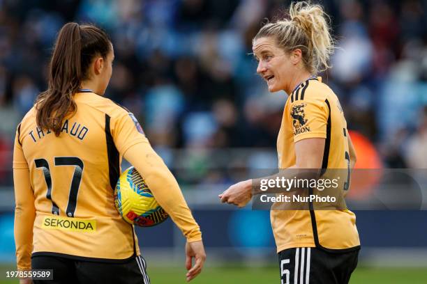 Sophie Howard of Leicester City W.F.C. Is talking to Julie Thibaud of Leicester City W.F.C. During the Barclays FA Women's Super League match between...