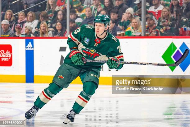 Marco Rossi of the Minnesota Wild skates against the Washington Capitals during the game at the Xcel Energy Center on January 23, 2024 in Saint Paul,...