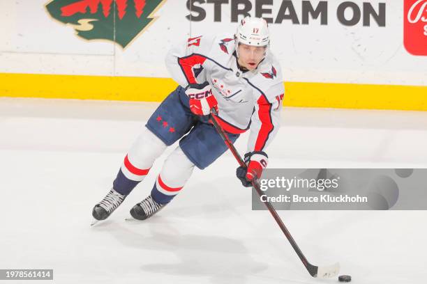 Dylan Strome of the Washington Capitals skates with the puck against the Minnesota Wild during the game at the Xcel Energy Center on January 23, 2024...