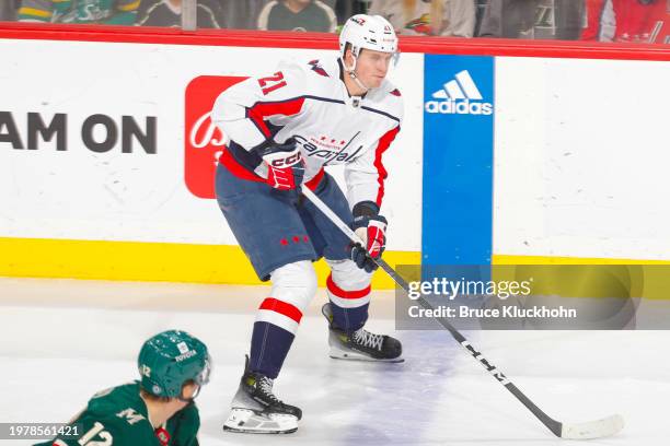 Aliaksei Protas of the Washington Capitals skates with the puck against the Minnesota Wild during the game at the Xcel Energy Center on January 23,...