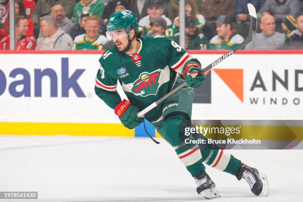 Marcus Johansson of the Minnesota Wild skates against the Washington Capitals during the game at the Xcel Energy Center on January 23, 2024 in Saint...