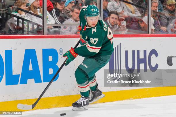 Kirill Kaprizov of the Minnesota Wild skates with the puck against the Washington Capitals during the game at the Xcel Energy Center on January 23,...