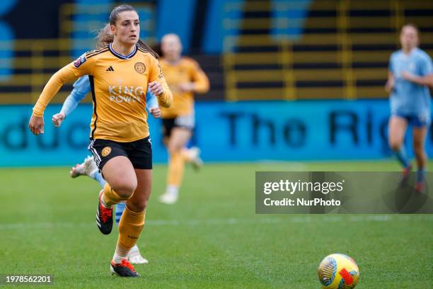 Julie Thibaud of Leicester City W.F.C. Is in action during the Barclays FA Women's Super League match between Manchester City and Leicester City at...