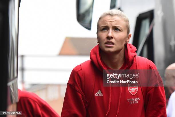 Leah Williamson is arriving for the Barclays FA Women's Super League match between West Ham United and Arsenal at the Chigwell Construction Stadium...