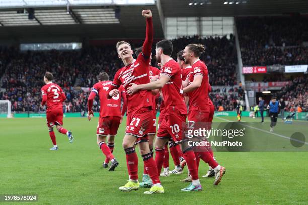 Marcus Forss is celebrating after scoring his first goal for Middlesbrough during the Sky Bet Championship match against Sunderland at the Riverside...