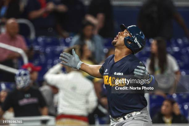 Jonathan Schoop of Curacao celebrates after a home run in the third inning during a game between Curazao and Mexico at loanDepot park as part of the...