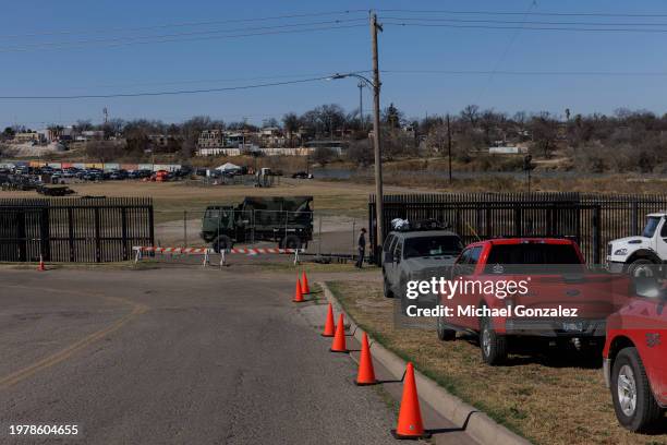 Barricades, cones, and no parking signage lines the streets outside of Shelby Park on February 4, 2024 in Eagle Pass, Texas. The Eagle Pass Police...