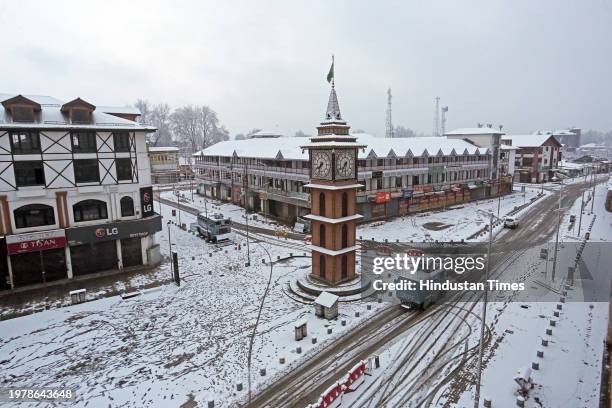 View of the Lal Chowk during a snowfall on February 4, 2024 in Srinagar, India. Several parts of Kashmir, including Srinagar city, witnessed fresh...