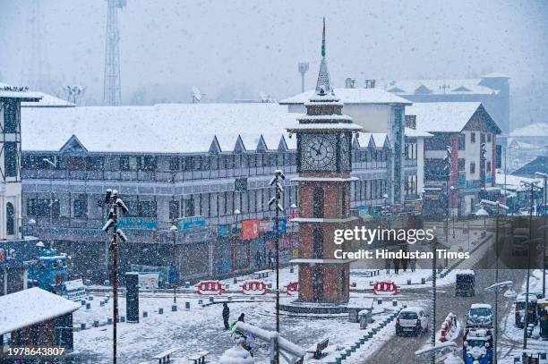 View of the Lal Chowk during a snowfall on February 4, 2024 in Srinagar, India. Several parts of Kashmir, including Srinagar city, witnessed fresh...