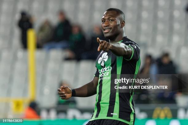 Cercle's Kevin Denkey celebrates after scoring during a soccer match between Cercle Brugge KSV and Sint-Truidense VV, Sunday 04 February 2024 in...