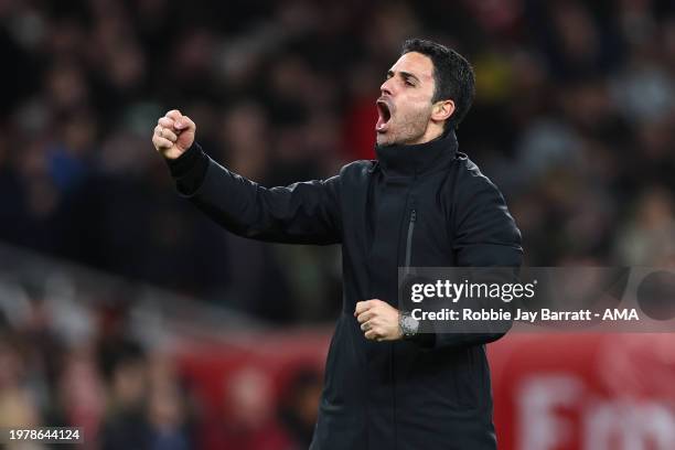 Mikel Arteta the head coach / manager of Arsenal celebrates his teams 3-1 vicotry at full time during the Premier League match between Arsenal FC and...