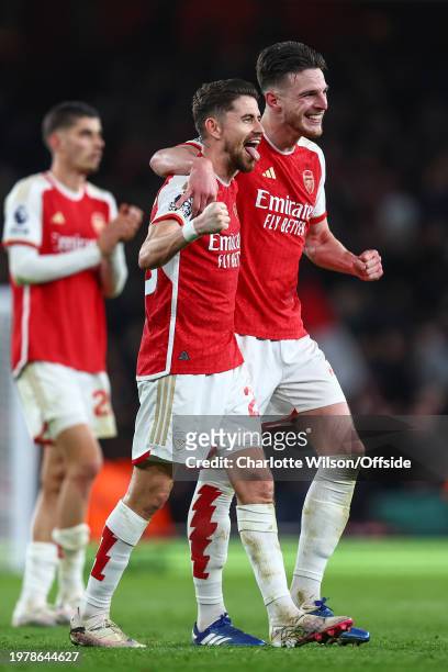 Man of the match, Jorginho of Arsenal and Declan Rice celebrate their victory during the Premier League match between Arsenal FC and Liverpool FC at...
