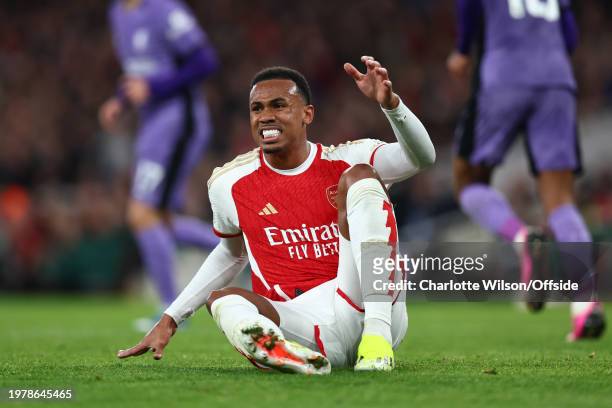 Gabriel of Arsenal during the Premier League match between Arsenal FC and Liverpool FC at Emirates Stadium on February 4, 2024 in London, England.