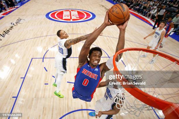 Jalen Duren of the Detroit Pistons dunks the ball during the game against the Orlando Magic on February 4, 2024 at Little Caesars Arena in Detroit,...