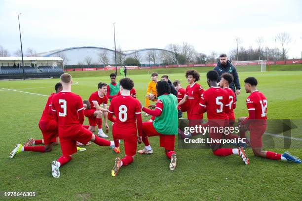 Liverpool U18's stretch together as a group after the FA Youth Cup match between Liverpool U18 v Fulham U18 at AXA Training Centre on February 4,...