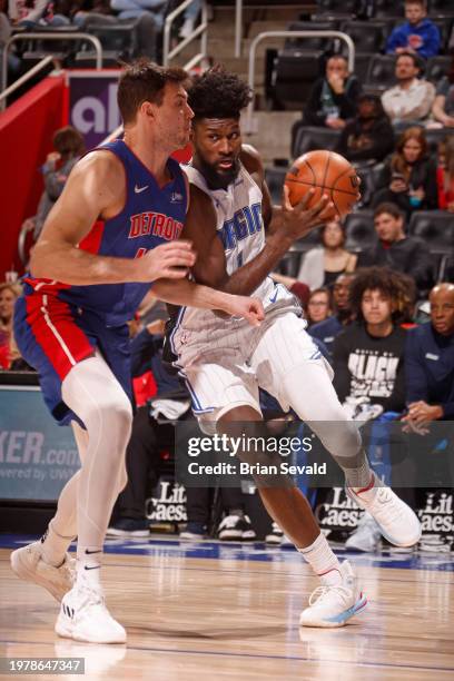 Jonathan Isaac of the Orlando Magic drives to the basket during the game against the Detroit Pistons on February 4, 2024 at Little Caesars Arena in...