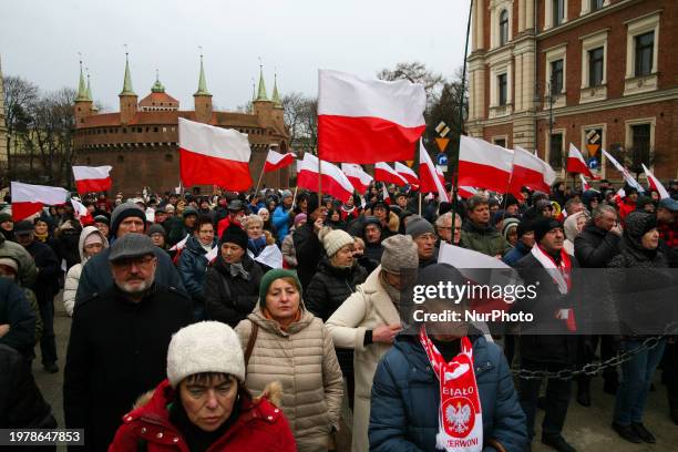 Protesters are gathering in Krakow, Poland, on February 3 to voice their opposition to the changes in public media and to show support for Mariusz...