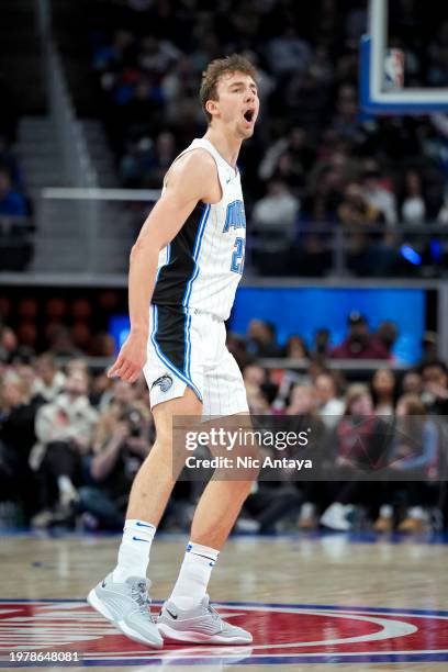 Franz Wagner of the Orlando Magic reacts against the Detroit Pistons during the second quarter at Little Caesars Arena on February 04, 2024 in...