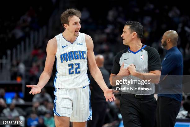 Franz Wagner of the Orlando Magic reacts against referee Zach Zarba during the first quarter against the Detroit Pistons at Little Caesars Arena on...